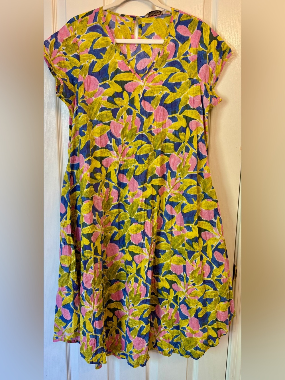 Floral Cotton Blue Pink & Green V-Neck Short Sleeve Dress ~ Women’s XL ~ Drop